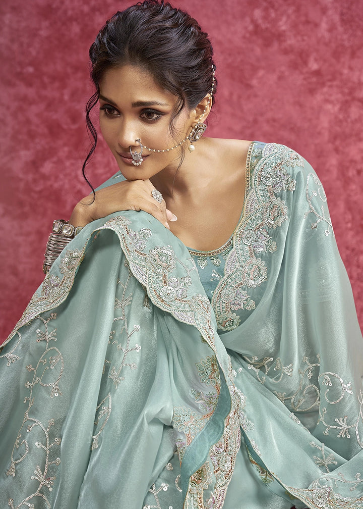 Baby Blue Tissue Saree having Designer Floral Embroidery work