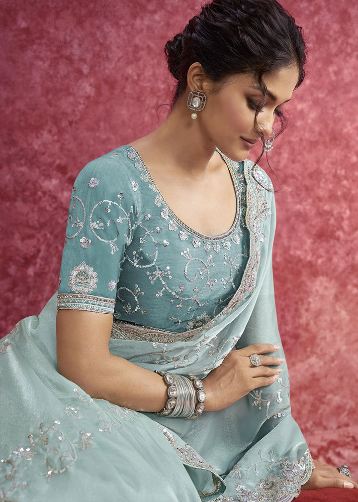 Baby Blue Tissue Saree having Designer Floral Embroidery work
