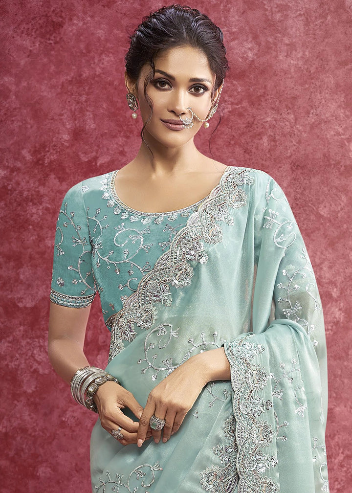 Baby Blue Tissue Saree having Designer Floral Embroidery work