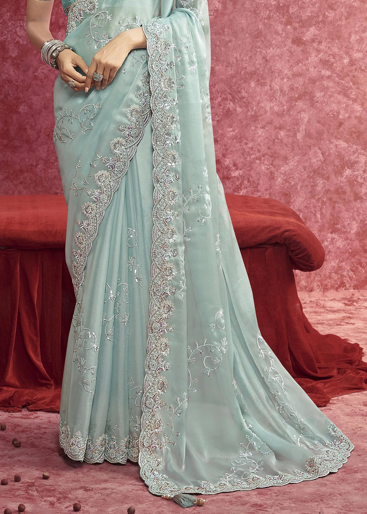 Baby Blue Tissue Saree having Designer Floral Embroidery work