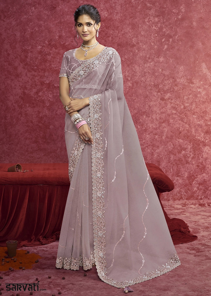 Wisteria Purple Chiffon Saree having Designer Floral Embroidery work