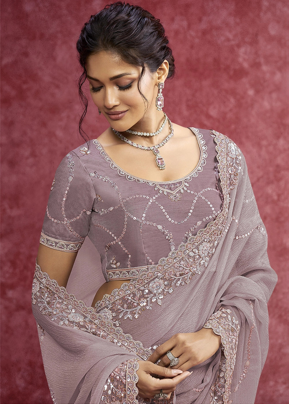 Wisteria Purple Chiffon Saree having Designer Floral Embroidery work