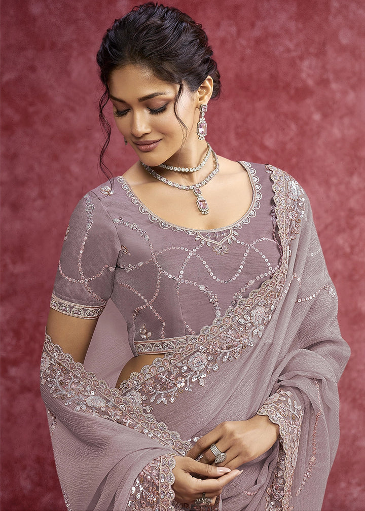 Wisteria Purple Chiffon Saree having Designer Floral Embroidery work
