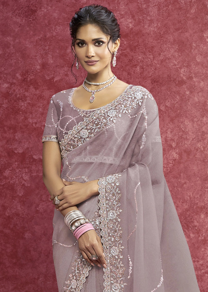 Wisteria Purple Chiffon Saree having Designer Floral Embroidery work