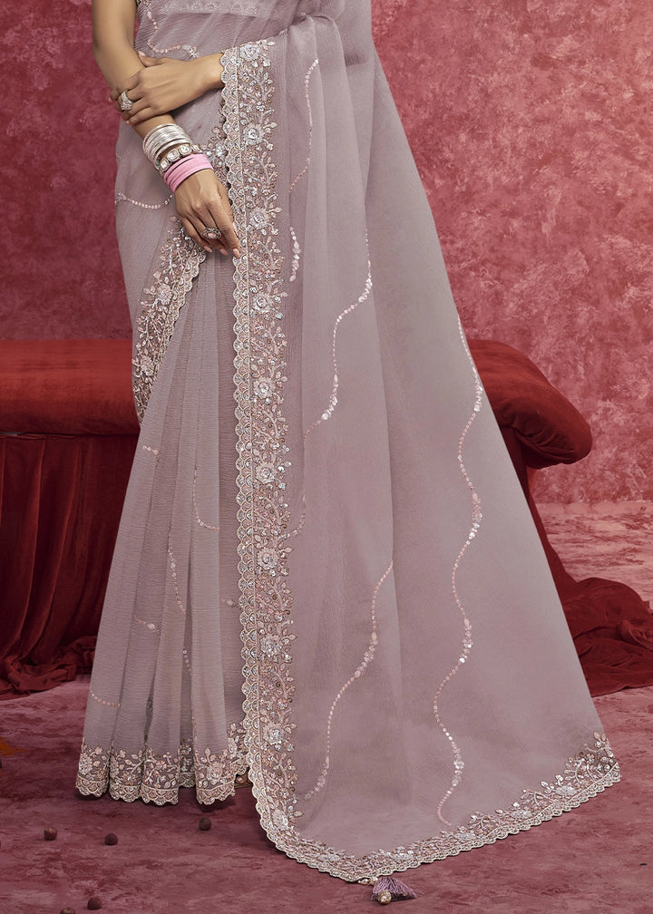 Wisteria Purple Chiffon Saree having Designer Floral Embroidery work