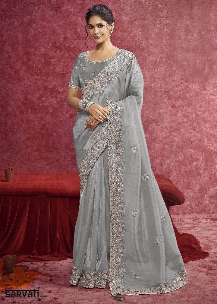 Smoke Grey Tissue Saree having Designer Floral Embroidery work