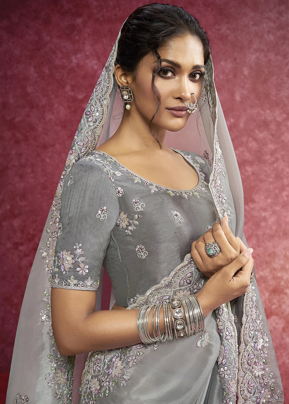 Smoke Grey Tissue Saree having Designer Floral Embroidery work