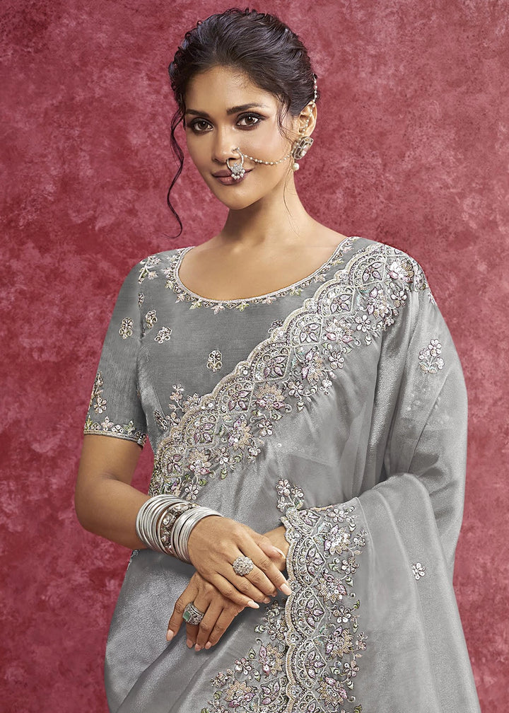 Smoke Grey Tissue Saree having Designer Floral Embroidery work