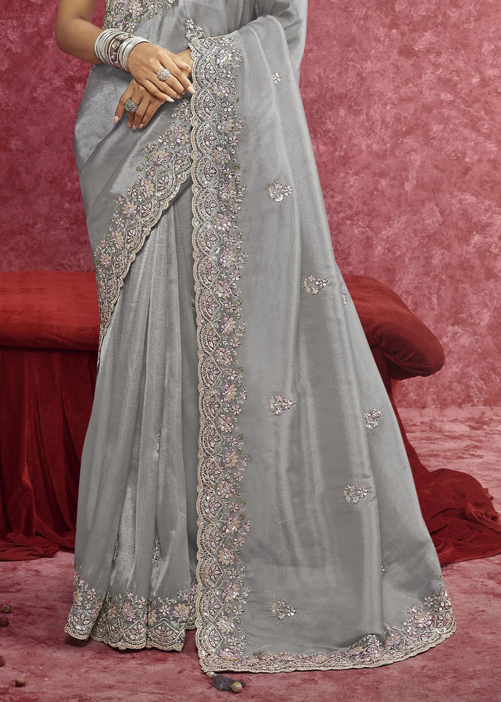 Smoke Grey Tissue Saree having Designer Floral Embroidery work