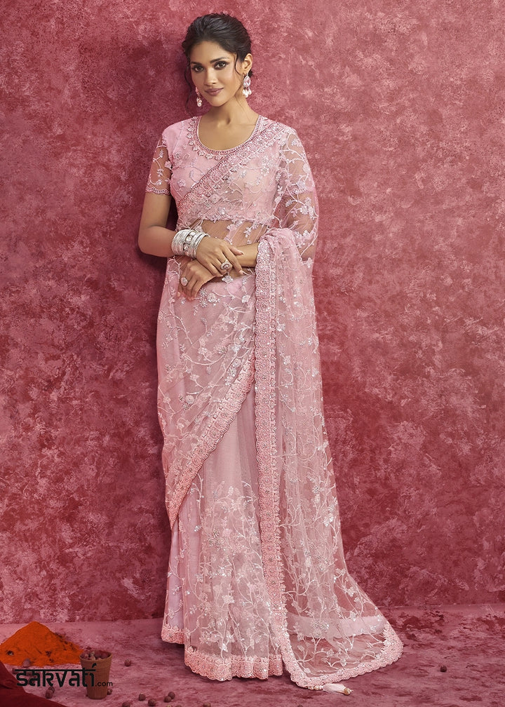 Creamy Pink Net Saree having Designer Floral Embroidery work