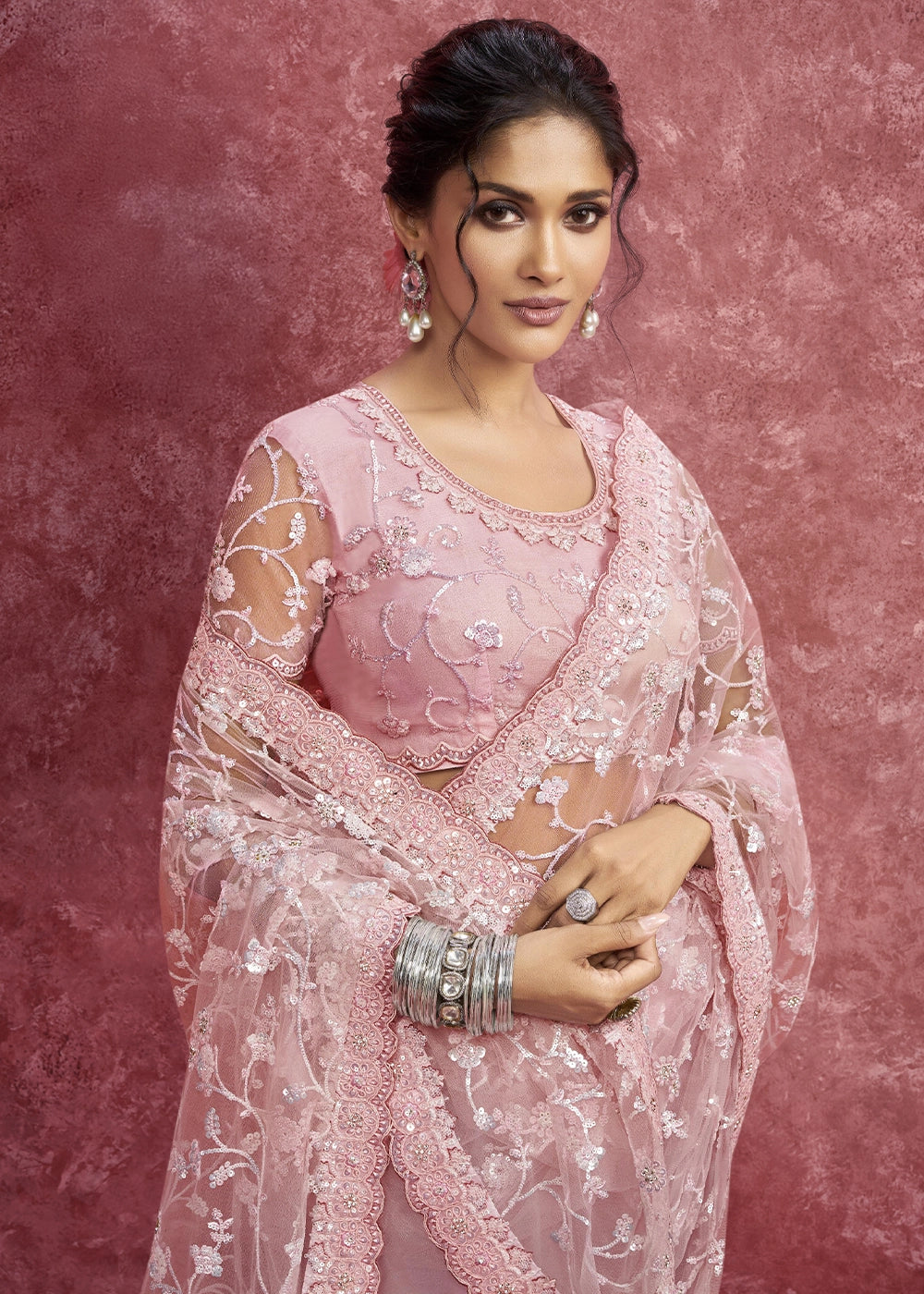 Creamy Pink Net Saree having Designer Floral Embroidery work
