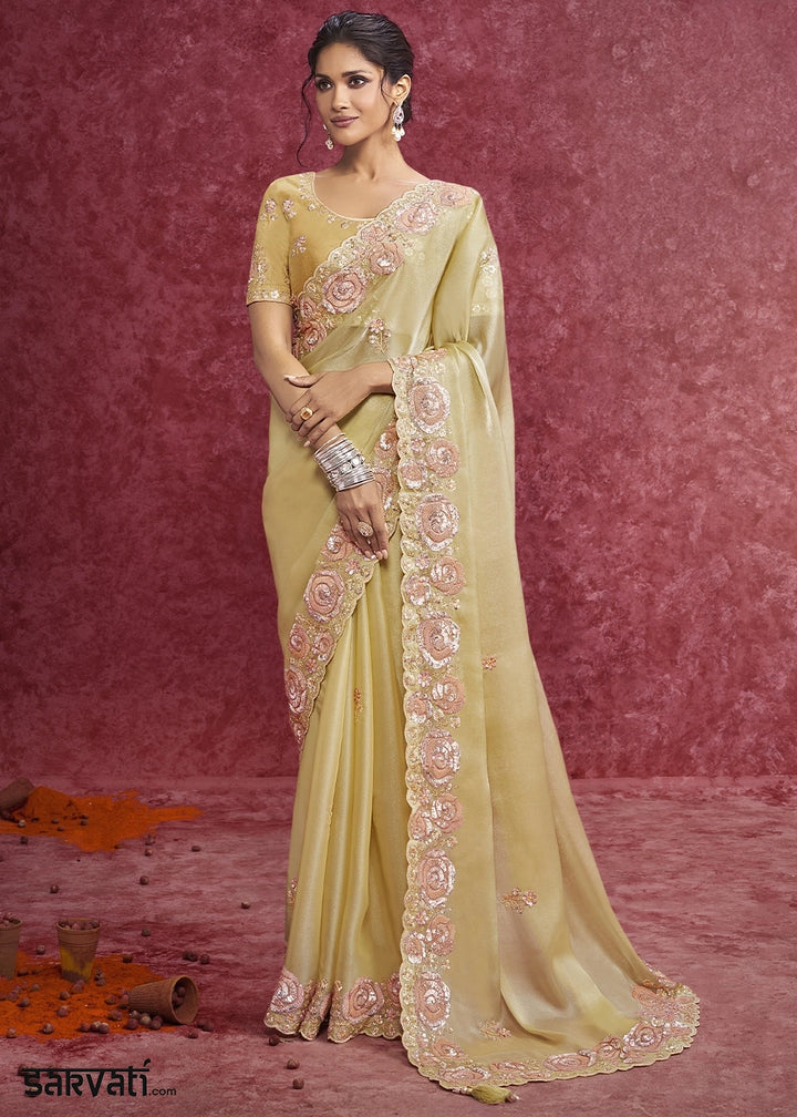 Blonde Yellow Tissue Saree having Designer Floral Embroidery work