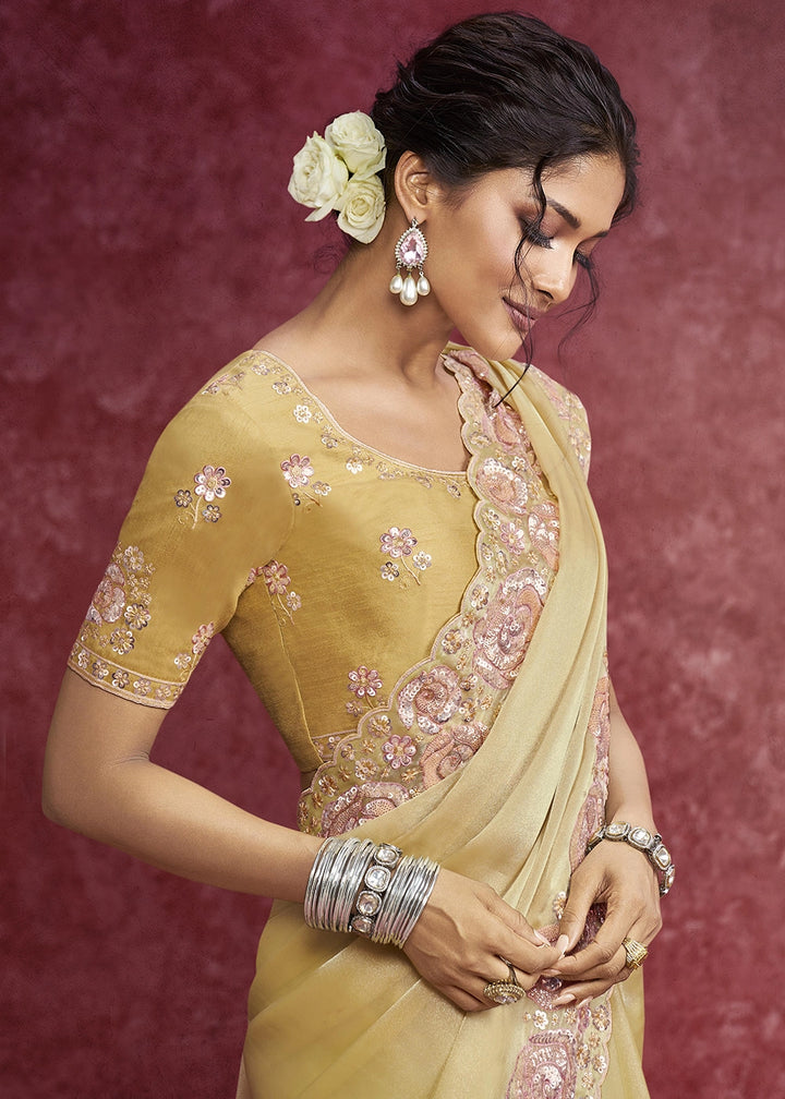 Blonde Yellow Tissue Saree having Designer Floral Embroidery work