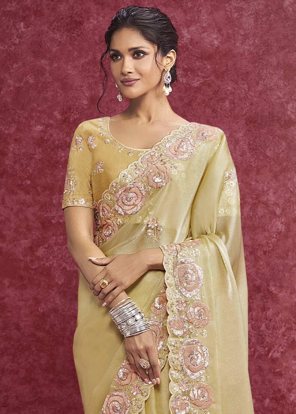 Blonde Yellow Tissue Saree having Designer Floral Embroidery work