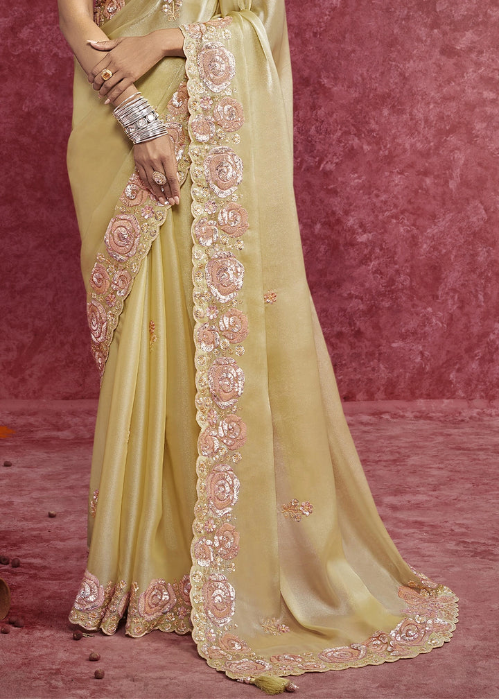 Blonde Yellow Tissue Saree having Designer Floral Embroidery work