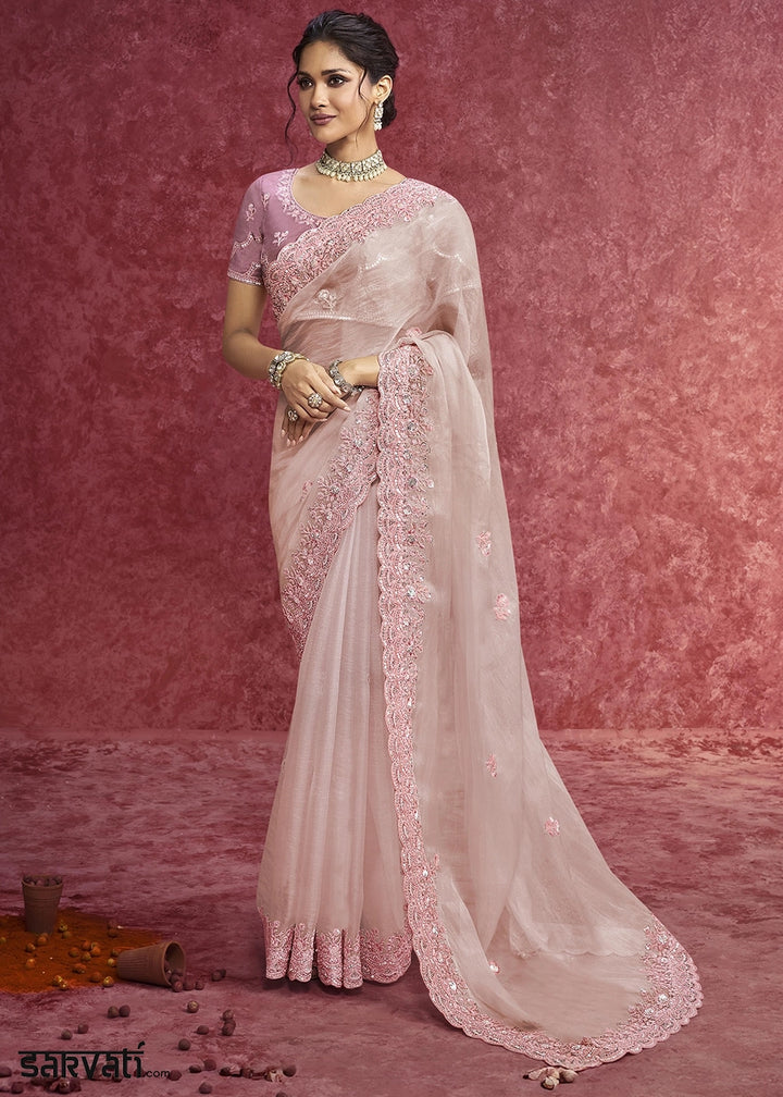 Pearl White Tissue Saree having Designer Floral Embroidery work
