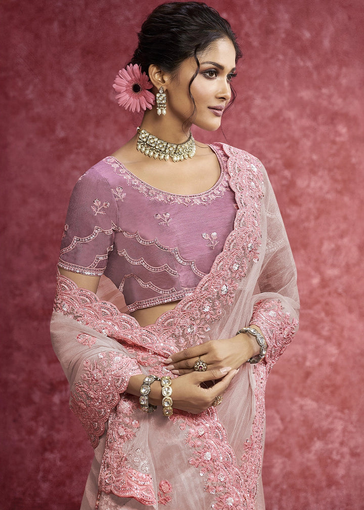 Pearl White Tissue Saree having Designer Floral Embroidery work