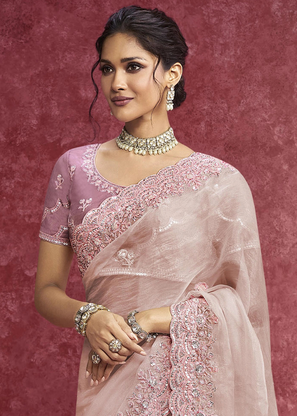 Pearl White Tissue Saree having Designer Floral Embroidery work