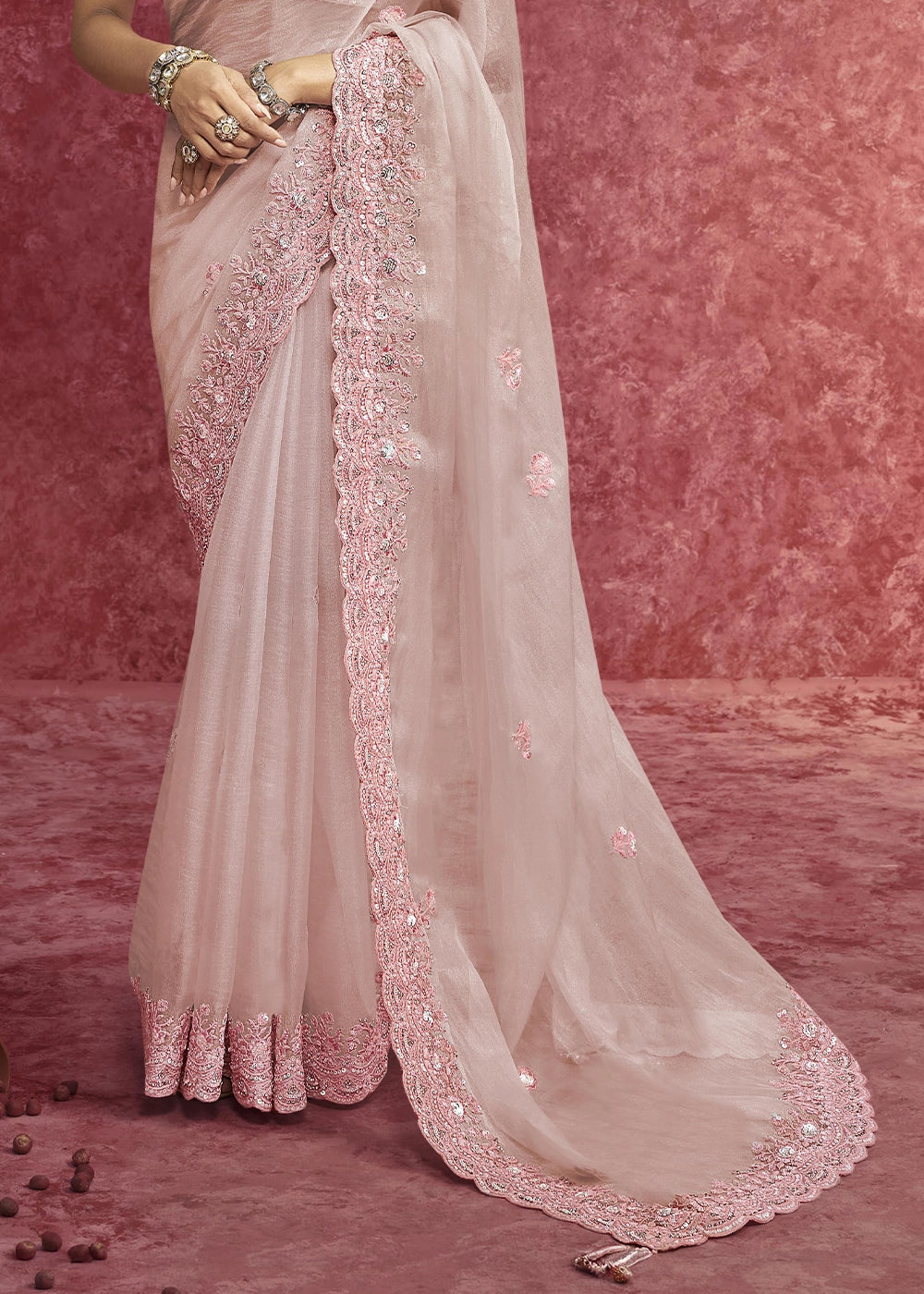 Pearl White Tissue Saree having Designer Floral Embroidery work