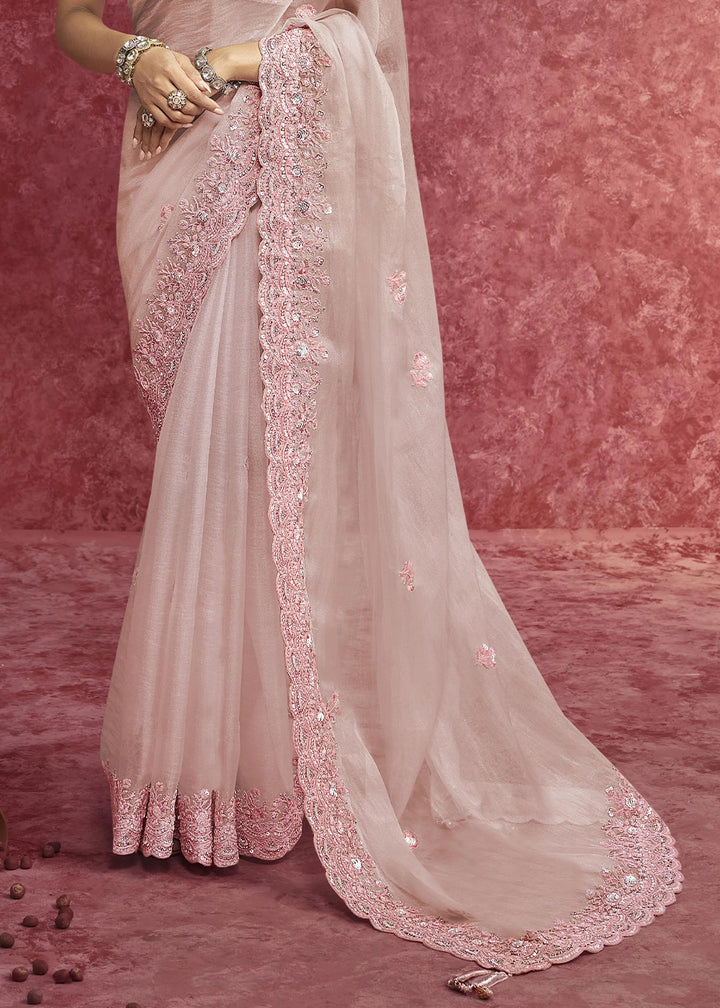 Pearl White Tissue Saree having Designer Floral Embroidery work