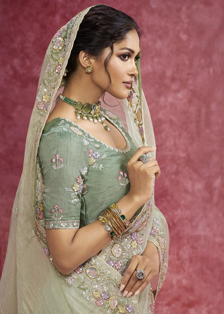 Tea Green Tissue Saree having Designer Floral Embroidery work