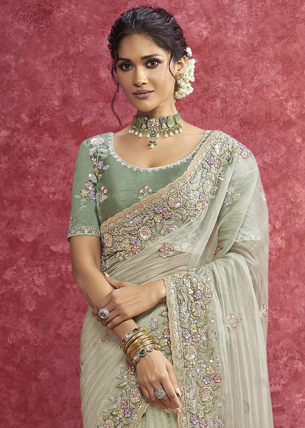 Tea Green Tissue Saree having Designer Floral Embroidery work