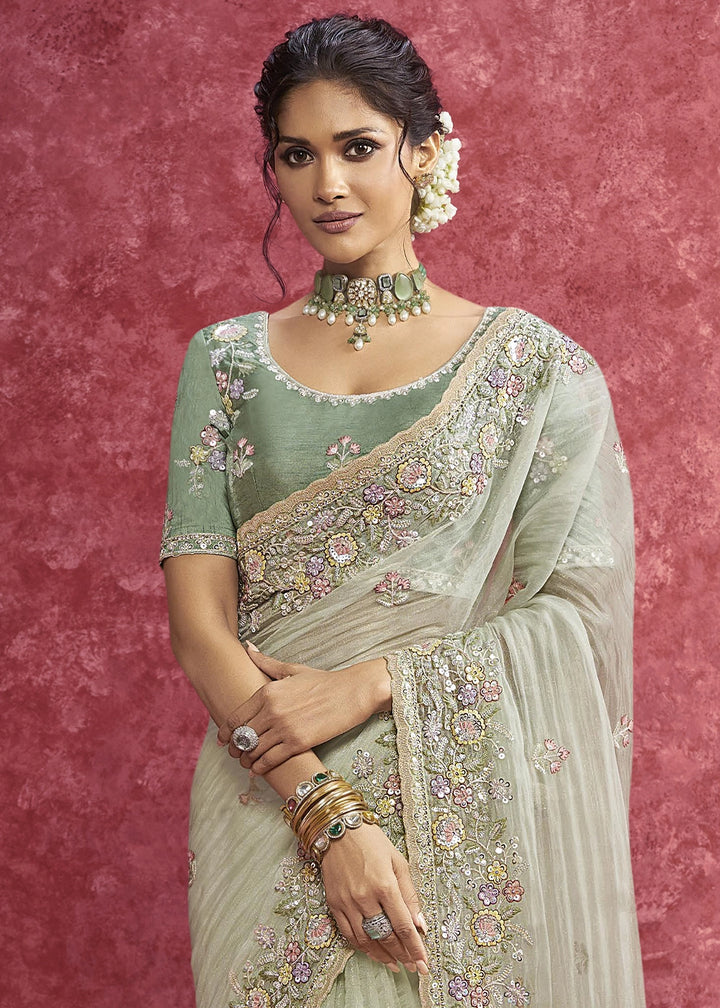 Tea Green Tissue Saree having Designer Floral Embroidery work