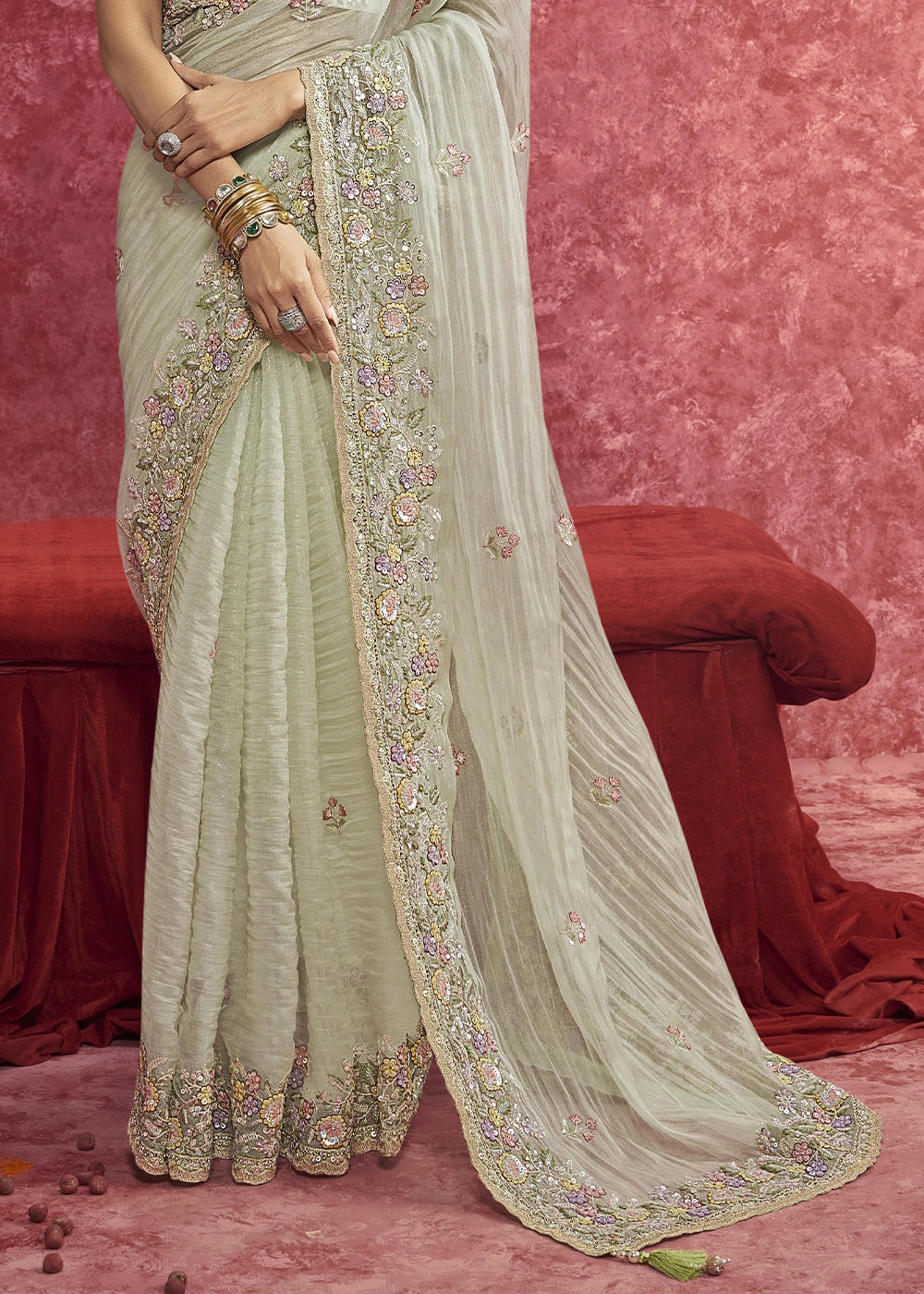 Tea Green Tissue Saree having Designer Floral Embroidery work