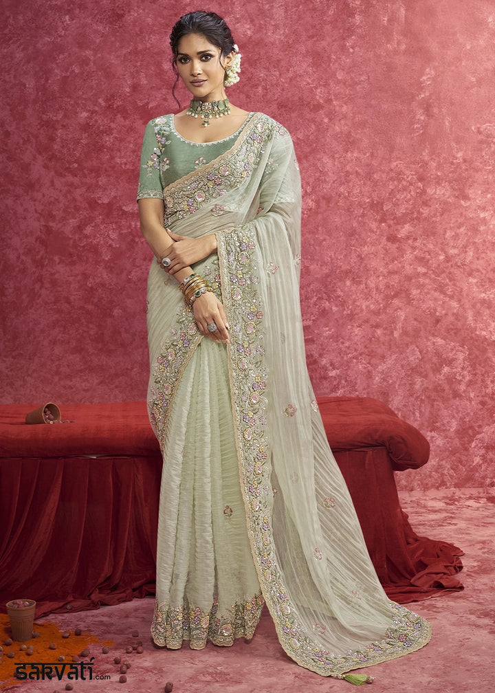Tea Green Tissue Saree having Designer Floral Embroidery work