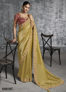 Teak Brown Tissue Silk Saree with Handcrafted Embroidery work
