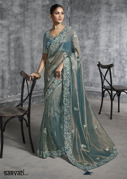 Shaded Blue Tissue Silk Saree with Handcrafted Embroidery work