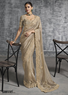 Light Brown Tissue Silk Saree with Handcrafted Embroidery work