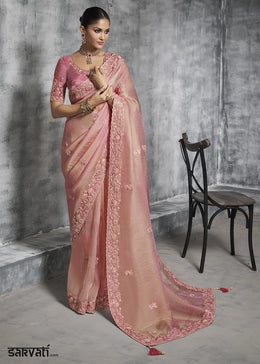Shaded Pink Tissue Silk Saree with Handcrafted Embroidery work