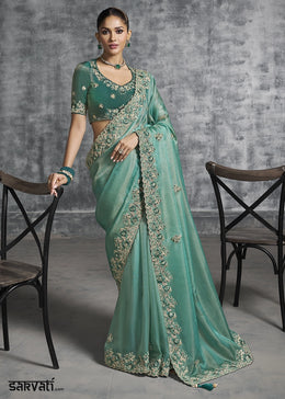 Sea Green Tissue Silk Saree with Handcrafted Embroidery work