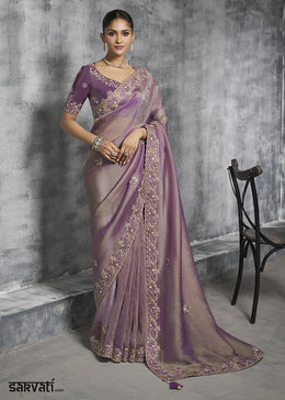 Iris Purple Tissue Silk Saree with Handcrafted Embroidery work
