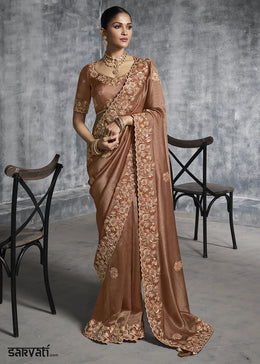 Caramel Brown Tissue Silk Saree with Handcrafted Embroidery work