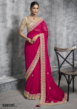 Raspberry Pink Satin Silk Saree with Handcrafted Embroidery work