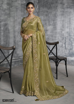 Light Olive Green Tissue Silk Saree with Handcrafted Embroidery work