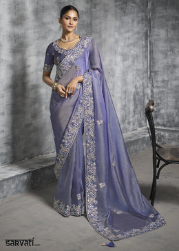 Steel Blue Tissue Silk Saree with Handcrafted Embroidery work