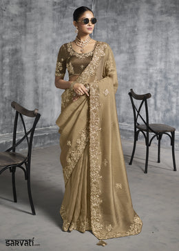 Sand Brown Tissue Silk Saree with Handcrafted Embroidery work