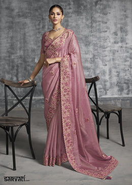 Dusty Pink Tissue Silk Saree with Handcrafted Embroidery work