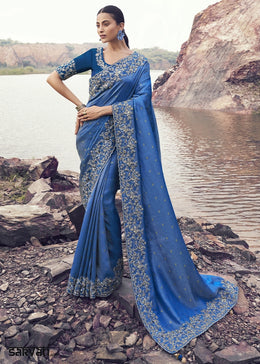 Ultramarine Blue Jacquard Tissue Silk Saree with Handcrafted Embroidery work