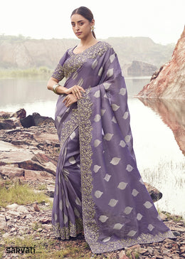 Lavender Purple Jacquard Tissue Silk Saree with Handcrafted Embroidery work