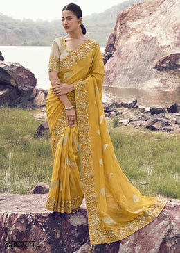 Canary Yellow Jacquard Tissue Silk Saree with Handcrafted Embroidery work