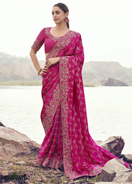 Magenta Pink Jacquard Tissue Silk Saree with Handcrafted Embroidery work