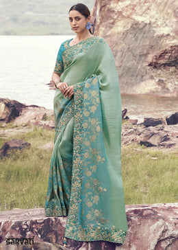 Shades Of Blue Jacquard Tissue Silk Saree with Handcrafted Embroidery work