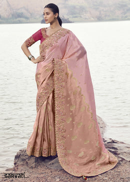 Shades Of Pink Jacquard Tissue Silk Saree with Handcrafted Embroidery work