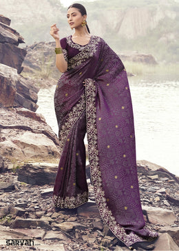 Raisin Purple Jacquard Tissue Silk Saree with Handcrafted Embroidery work