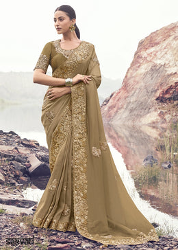 Peanut Brown Jacquard Tissue Silk Saree with Handcrafted Embroidery work