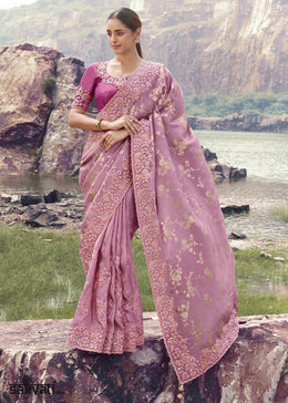 Creamy Pink Jacquard Tissue Silk Saree with Handcrafted Embroidery work